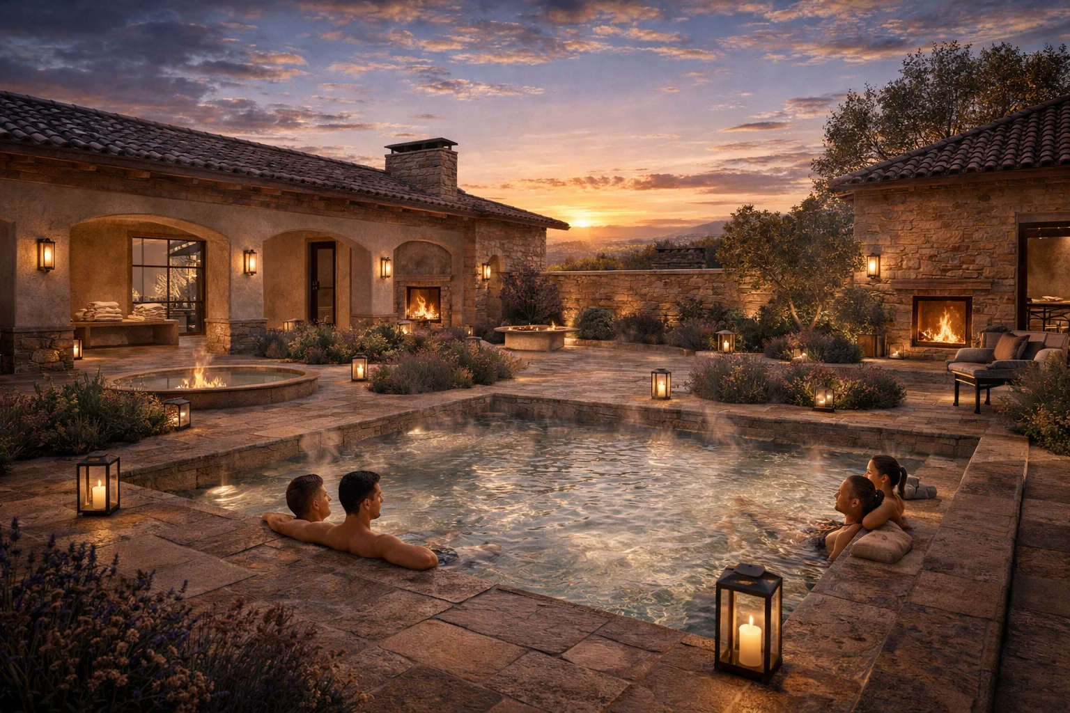 Maison Lavender — outdoor pool at sunset